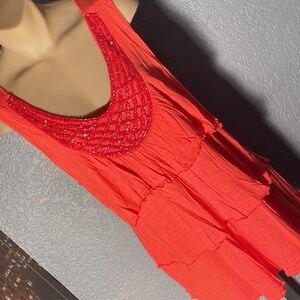 VENUS - tank: pinkish orange tiered / layered tunic w beaded neckline - L